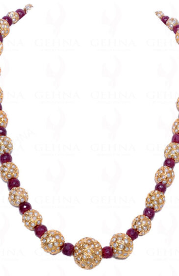 Pearl & Ruby Gemstone Jadau Necklace Set Ln011001