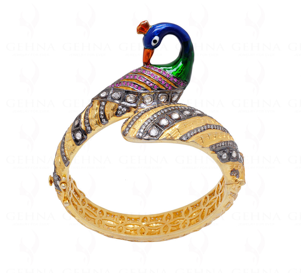 Ruby & Sapphire Studded 925 Solid Silver Peacock Shaped Bangle Bracelet Sb1001