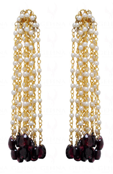 Pearl & Red Garnet Gemstone Knotted 925 Sterling Silver Earrings SE05-1001