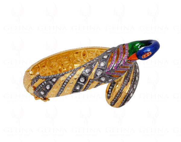 Ruby & Sapphire Studded 925 Solid Silver Peacock Shaped Bangle Bracelet Sb1001