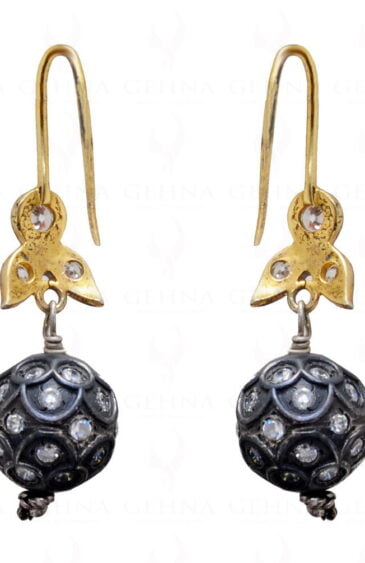 White Topaz Studded Antique Polished Ball Shaped 925 Silver Earrings Se011001