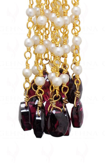 Pearl & Red Garnet Gemstone Knotted 925 Sterling Silver Earrings SE05-1001