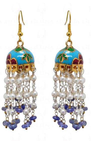 Pearl Tanzanite Bead Knotted 925 Solid Silver Earring With Enamel Work Se031002