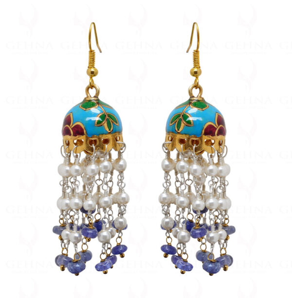 Pearl Tanzanite Bead Knotted 925 Solid Silver Earring With Enamel Work Se031002