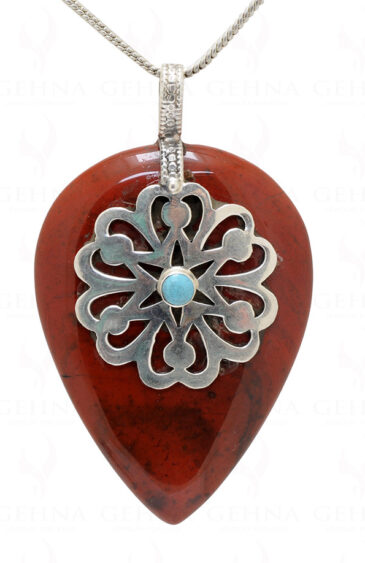 Red Jasper & Turquoise Gemstone Studded 925 Sterling Silver Pendant Sp031002