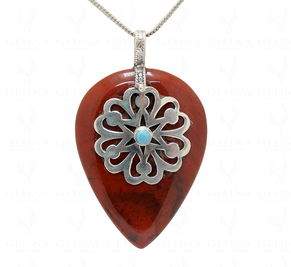 Red Jasper & Turquoise Gemstone Studded 925 Sterling Silver Pendant Sp031002