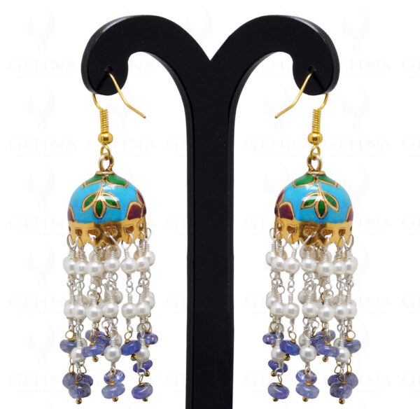 Pearl Tanzanite Bead Knotted 925 Solid Silver Earring With Enamel Work Se031002