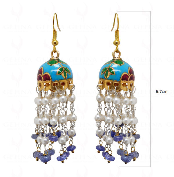 Pearl Tanzanite Bead Knotted 925 Solid Silver Earring With Enamel Work Se031002