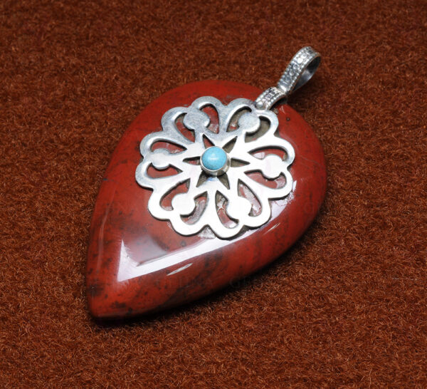 Red Jasper & Turquoise Gemstone Studded 925 Sterling Silver Pendant Sp031002