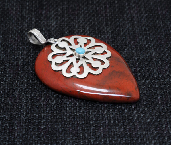 Red Jasper & Turquoise Gemstone Studded 925 Sterling Silver Pendant Sp031002