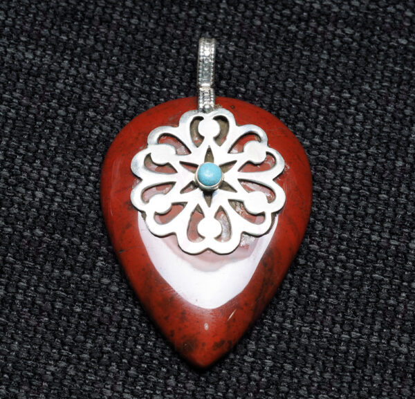 Red Jasper & Turquoise Gemstone Studded 925 Sterling Silver Pendant Sp031002