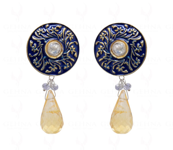 Citrine & Sapphire 925 Silver Earrings With Royal Blue Enamel Work Se031003