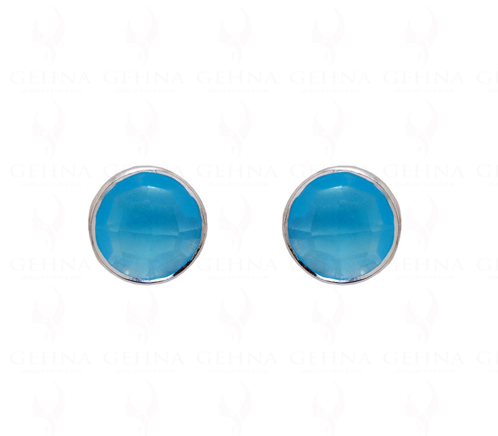 Blue Chalcedony Round Shaped Gemstone Studded 925 Solid Silver Earrings SE04-1003