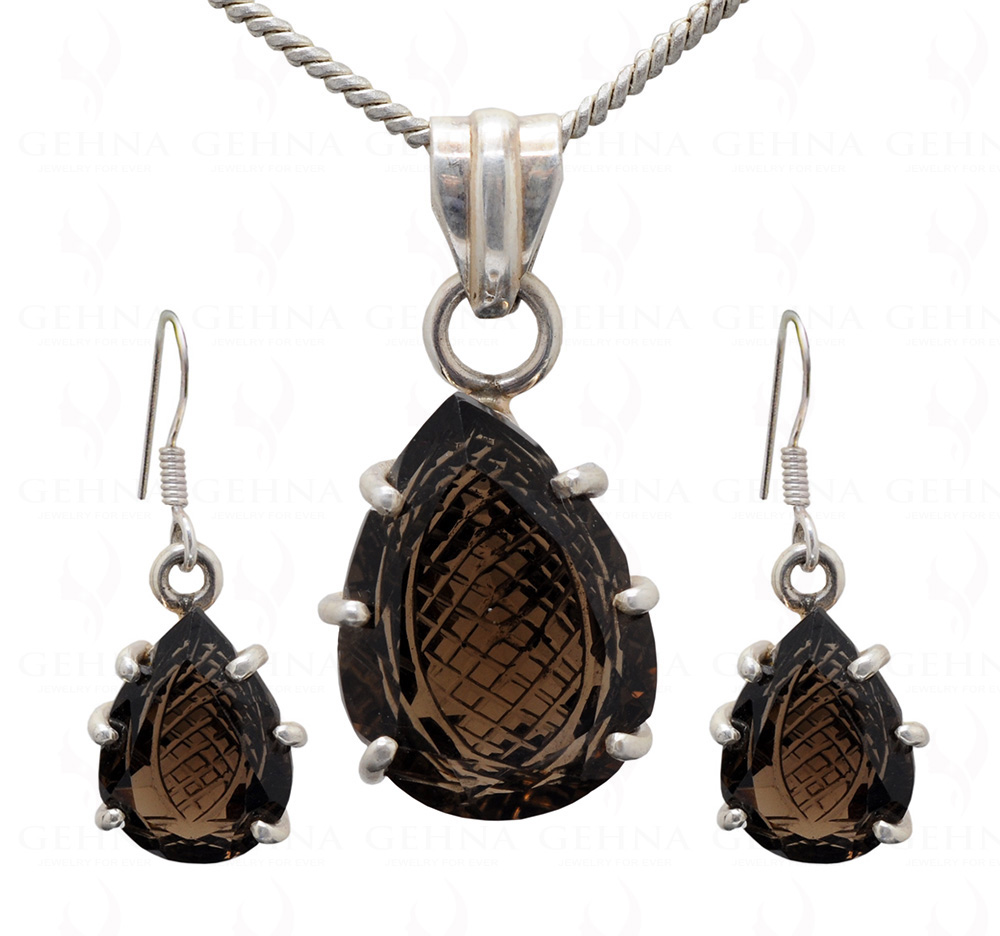 Smoky Quartz Engraved Pear Shape Gemstone Studded In Silver Pendant Set SP04-1003