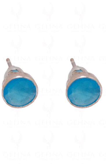 Blue Chalcedony Round Shaped Gemstone Studded 925 Solid Silver Earrings SE04-1003
