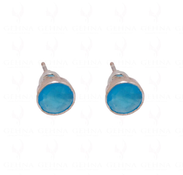 Blue Chalcedony Round Shaped Gemstone Studded 925 Solid Silver Earrings SE04-1003