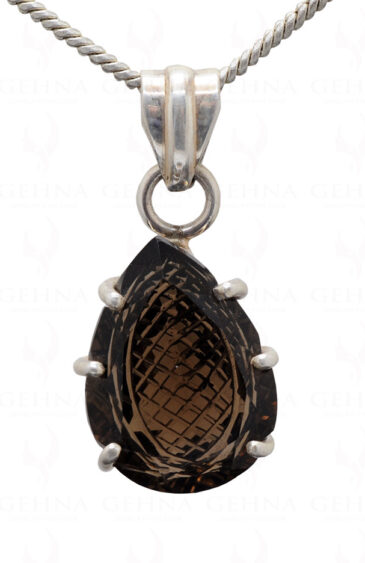 Smoky Quartz Engraved Pear Shape Gemstone Studded In Silver Pendant Set SP04-1003