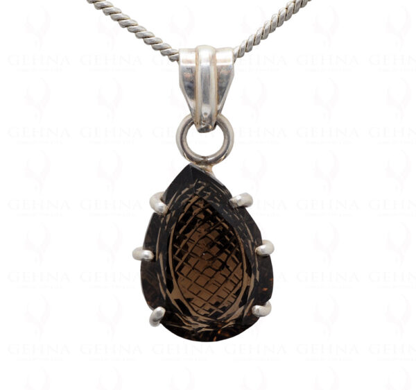 Smoky Quartz Engraved Pear Shape Gemstone Studded In Silver Pendant Set SP04-1003