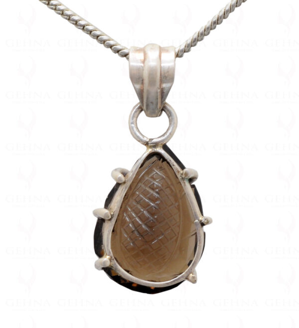 Smoky Quartz Engraved Pear Shape Gemstone Studded In Silver Pendant Set SP04-1003