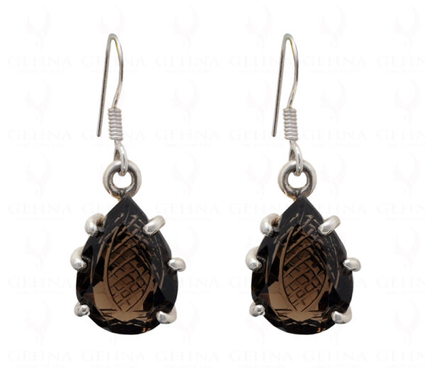 Smoky Quartz Engraved Pear Shape Gemstone Studded In Silver Pendant Set SP04-1003