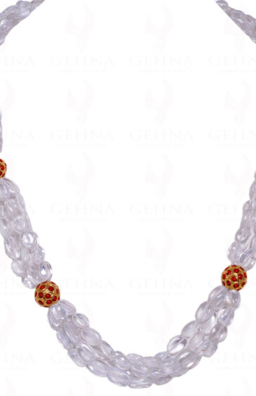 4 Rows Of Rock-Crystal Bead With Coral Studded Jadau Ball Necklce Ln011004