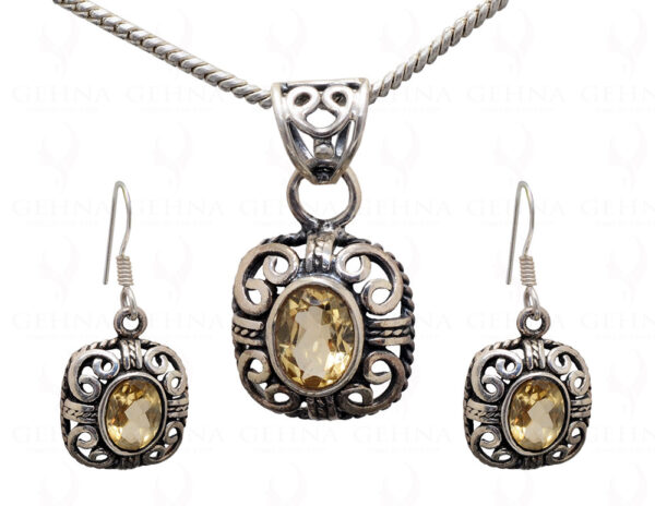 Citrine Gemstone Studded 925 Sterling Silver Pendant & Earring Set SP04-1004