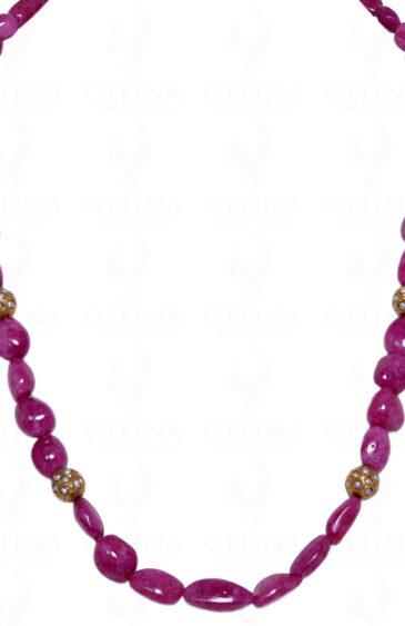 Madagascar Ruby Gemstone Tumble With Pearl Studded Jadau Bead Necklce Ln011005