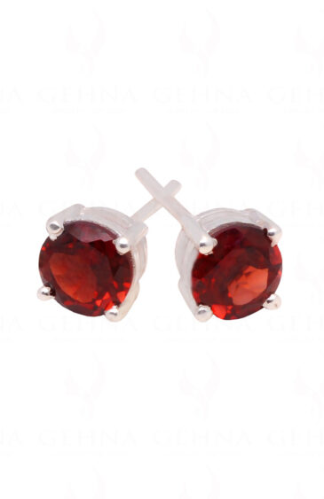 Red Garnet Round Shaped Gemstone Studded 925 Solid Silver Earrings SE04-1005