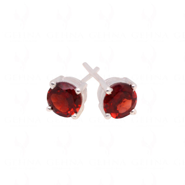 Red Garnet Round Shaped Gemstone Studded 925 Solid Silver Earrings SE04-1005