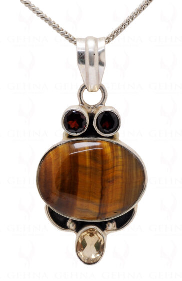 Garnet Tiger Eye & Citrine Gemstone Studded 925 Sterling Silver Pendant Sp031005