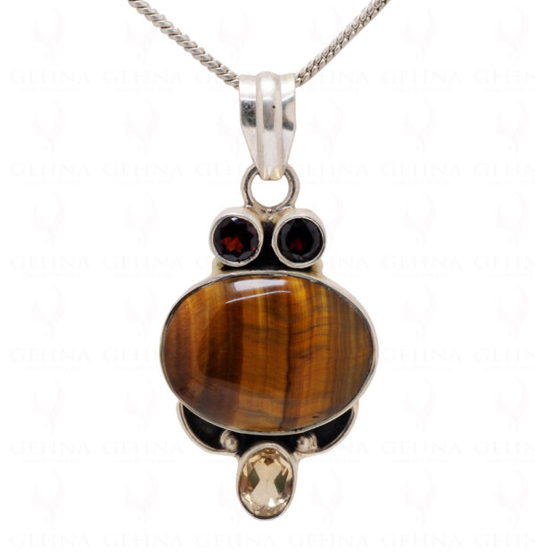 Garnet Tiger Eye & Citrine Gemstone Studded 925 Sterling Silver Pendant Sp031005