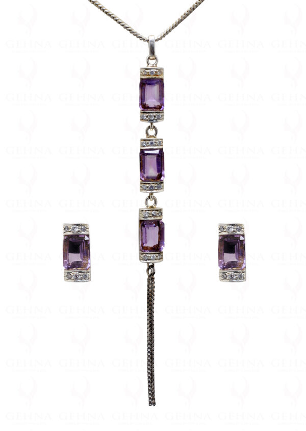 Amethyst Gemstone Studded 925 Sterling Silver Pendant & Earring Set SP04-1005