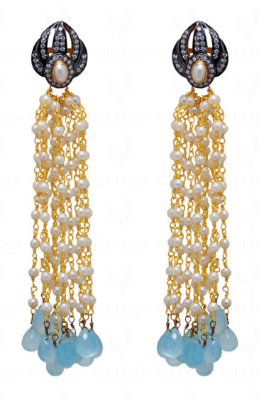 Blue Chalcedony Tear Drops & Pearl Knotted 925 Sterling Silver Earrings SE05-1006
