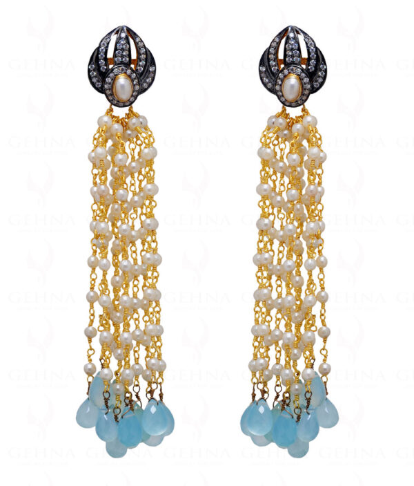Blue Chalcedony Tear Drops & Pearl Knotted 925 Sterling Silver Earrings SE05-1006