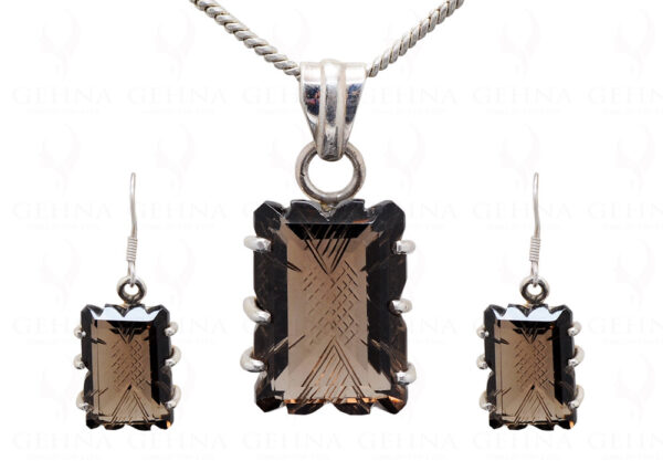 Smoky Quartz Engraved Gemstone Studded In 925 Silver Pendant Set SP04-1006