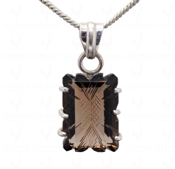 Smoky Quartz Engraved Gemstone Studded In 925 Silver Pendant Set SP04-1006