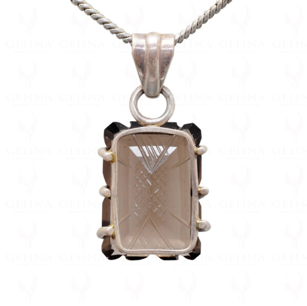 Smoky Quartz Engraved Gemstone Studded In 925 Silver Pendant Set SP04-1006