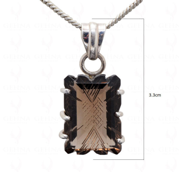 Smoky Quartz Engraved Gemstone Studded In 925 Silver Pendant Set SP04-1006