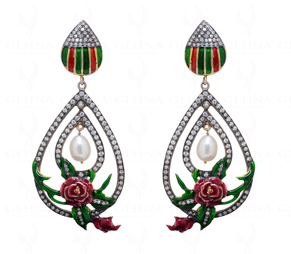 Pearl Topaz Studded 925 Sterling Silver Earring With Red & Green Enamel Se031007