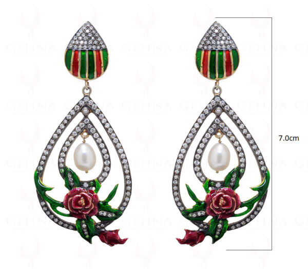 Pearl Topaz Studded 925 Sterling Silver Earring With Red & Green Enamel Se031007