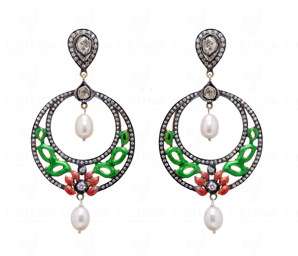 Pearl Topaz 925 Silver Chandelier Earring With Red & Green Enamel Work Se031008