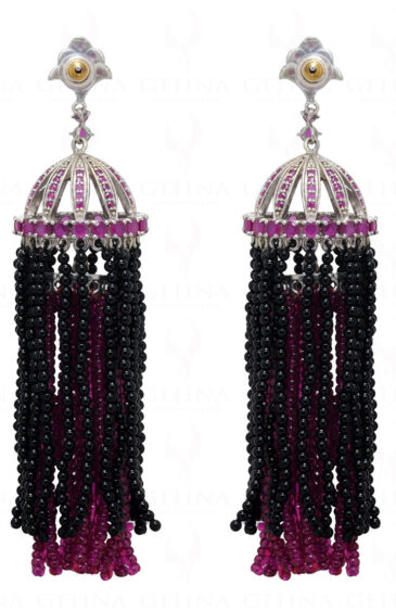 Ruby & Black Spinel Gemstone Bead Knotted 925 Sterling Silver Earrings SE05-1008
