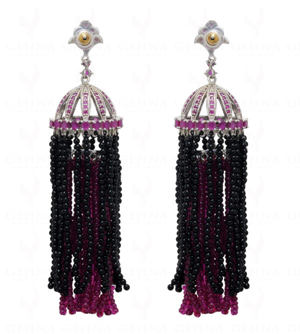 Ruby & Black Spinel Gemstone Bead Knotted 925 Sterling Silver Earrings SE05-1008