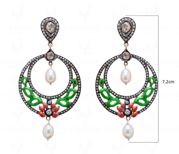 Pearl Topaz 925 Silver Chandelier Earring With Red & Green Enamel Work Se031008
