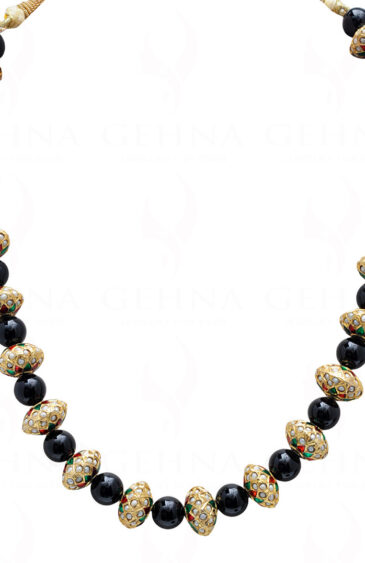 Black Onyx Gemstone Bead With Pearl Studded Jadau Roundels Necklace Ln011009