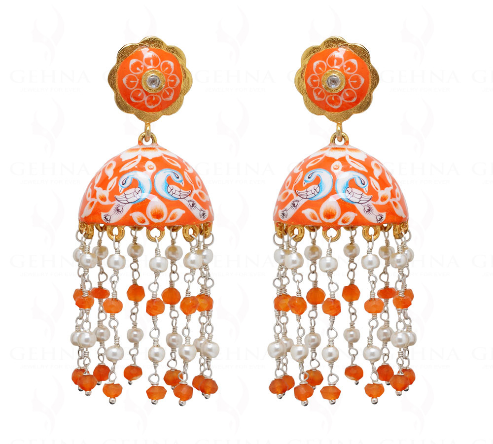 Carnelian & Pearl Knotted 925 Silver Earrings With Orange Enamel Work Se031009