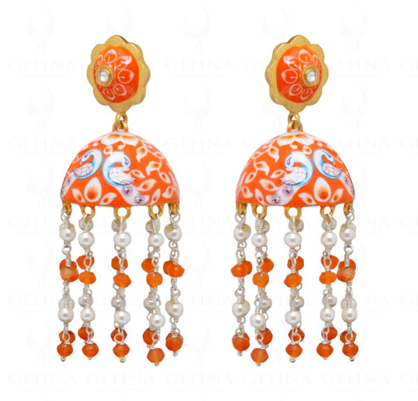 Carnelian & Pearl Knotted 925 Silver Earrings With Orange Enamel Work Se031009