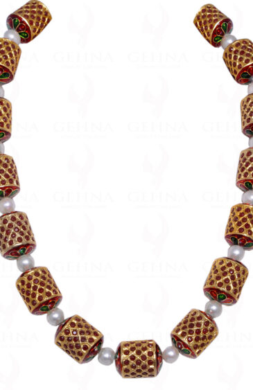 Ruby & Pearl Gold Tone Jadau Bead Necklace Ln011010