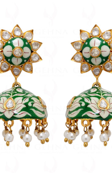 Pearl Knotted 925 Solid Silver Earrings With White & Green Enamel Work Se031010