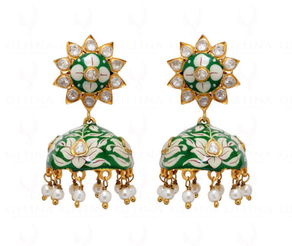 Pearl Knotted 925 Solid Silver Earrings With White & Green Enamel Work Se031010